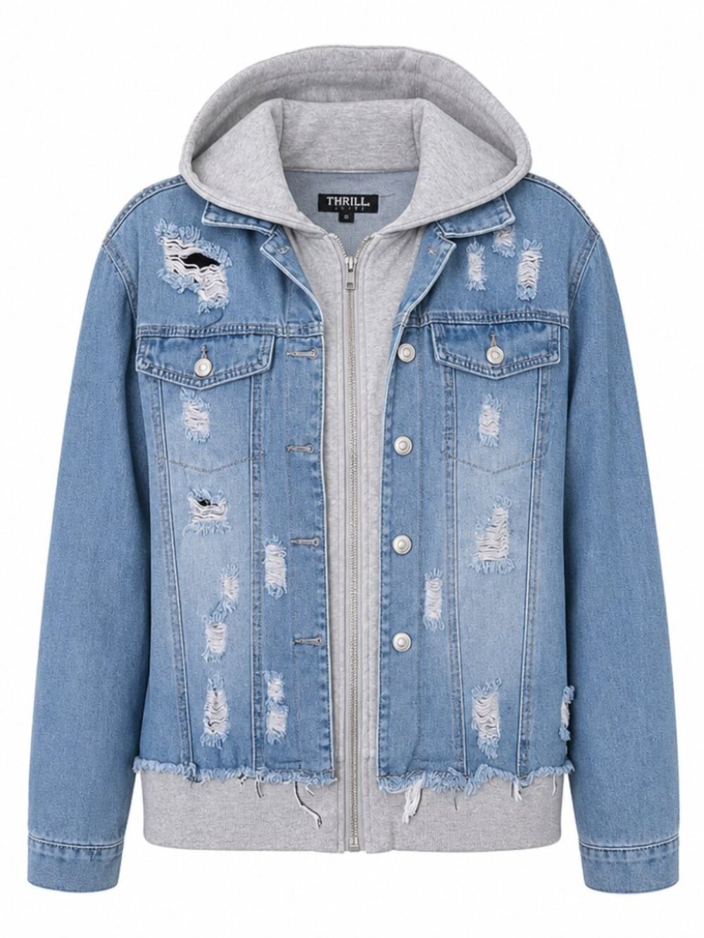 Thrill Jeans Plus Size Faux Double Layer Distressed Grunge Jean Jacket 1X